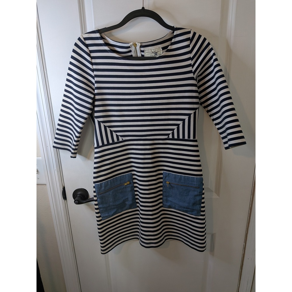 Tabitha Anthropologie Striped Knit Dress Blue White Denim Zip Pockets Size 4